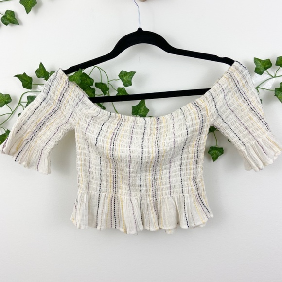 Surf gypsy Creme pleated peplum striped off the shoulder top Sz M - Picture 2 of 5